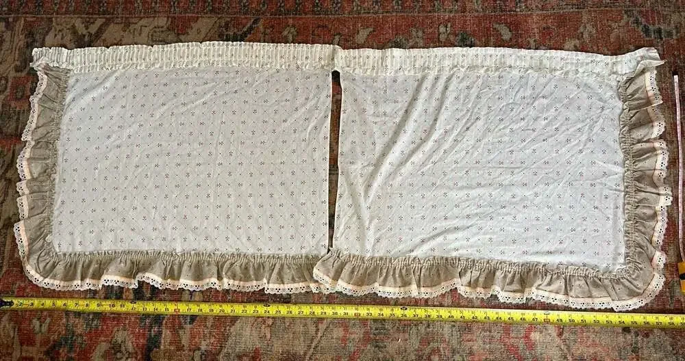 Vintage Country Cottage Floral Ruffle Curtain Panels Pair with Lace Trim
